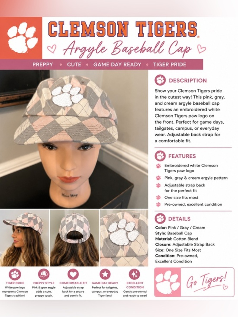 Clemson Tigers pink, gray & cream argyle baseball cap